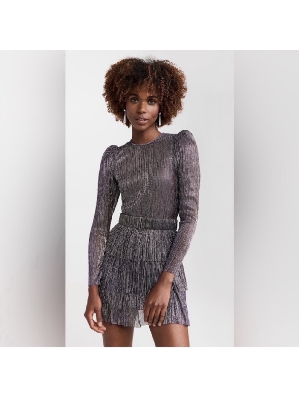 Sabina Musayev Monique Long Sleeve Tiered Dress Sz L Metallic Purple Stretchy